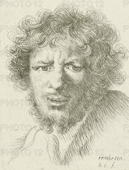 Bust of a young man with a beard, print, printmaker: Honoré Coussin, France, after design by Rembrandt van Rijn, 1708 - 1779, paper, etching, height 138 mm x width 108 mm, adult man, A close-up pen-and-ink portrait of a man's head and shoulders showing a dense mass of curly hair and a full beard rendered with fine, overlapping lines, with intense, slightly furrowed eyebrows, deep-set eyes, a prominent nose, and a partially open mouth revealing teeth, the face shaded with closely spaced hatching and crosshatching while the hair and beard are drawn with swirling, looping strokes against a pale, textured background.
