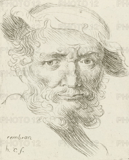 Bust of an old man with beard and hat, print, printmaker: Honoré Coussin, France, after design by Rembrandt van Rijn, 1708 - 1779, paper, etching, roulette, height 107 mm x width 88 mm, head gear: cap (men's clothes), old man, beard, A close-up pen-and-ink drawing of an older man's face and upper chest, rendered with flowing curved lines and hatching; the man has deep-set eyes with heavy brows, a prominent nose, and a full curly beard and mustache that merge into wavy hair; the hair is shown in loose curls and strands, with a hat or head covering suggested by curved lines at the top; shading is created by closely spaced parallel and cross-hatched strokes across the forehead, cheek, and beard; the paper background is light and shows small blemishes and texture.