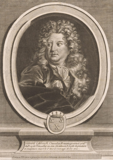 Portrait of Gerard Edelinck, print, printmaker: René Devaux, after painting by Jean Tortebat, c. 1695 - c. 1705, paper, engraving, etching, height 270 mm x width 195 mm, Person, Gerard Edelinck, historical persons, armorial bearing, heraldry, portrait, self-portrait of graphic artist, A detailed engraved oval portrait framed by concentric borders shows a person with long, voluminous curly hair cascading over the shoulders, wearing a loosely draped garment and a tied neckcloth, gazing to the side with a composed expression; the oval sits within an architectural surround with a decorative medallion at the base and horizontal ledges beneath, all rendered in fine line work and crosshatching.