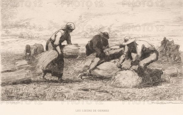 Les lieurs de gerbes, Korenbinders, Schilderijen op het Salon van 1878, Salon de 1878, print, Numbered top right: 453., watermark, printmaker: Julien Dupré, France, publisher: widow Alfred Cadart, Paris, 1878, paper, etching, drypoint, intaglio printmaking technique, height 197 mm x width 277 mm, agriculture, cattle-breeding, horticulture, flowerculture, A wide pencil or ink drawing showing several workers in a field handling bundles of harvested stalks, with some figures bent over tying or lifting sheaves and others standing while holding stacks; the figures wear simple work clothes and hats, and the scene includes rough grass and textured ground in the foreground, low distant buildings and hedges on the horizon, and a sky filled with hatched, linear cloud marks.