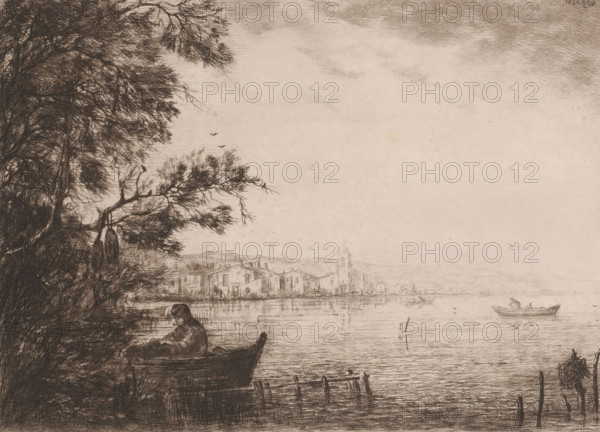 Two bathing women, print, stamp: 'Letter 'G' in a circle.', printmaker: Justin Gabriel (signed by artist), 1909, paper, drypoint, intaglio printmaking technique, drypoint and plate tone, proof, height 166 mm x width 204 mm, taking a bath - AA - in the open air, A sepia-toned sketch shows a lakeside scene with dense, leafy trees on the left whose branches extend toward the center, silhouettes of birds in the sky, a person seated in a small rowboat near the shaded shore, faint outlines of buildings and a tower across the water, calm rippling water reflecting the shoreline, a small boat with two figures farther out on the lake, and scattered reeds and posts emerging from the water.