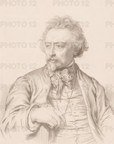 Portrait of Ary Scheffer, print, printmaker: Louis Pierre Henriquel-Dupont, after painting by Léon Benouville, 1858, paper, chine collé, etching, stipple work, etching and stipple work on chine collé, proof for letter, height 409 mm x width 309 mm, Person, Ary Scheffer, historical persons, portrait, self-portrait of artist, A detailed pencil portrait of an older man shown from the torso up, facing slightly to his right, with wavy hair and a mustache with a small pointed beard; he wears a loosely tied scarf around his neck, a buttoned waistcoat beneath a draped coat, and his right hand rests on the arm of a chair; the drawing emphasizes fine line work and shading on the face, hair, clothing, and hand against a plain light background.