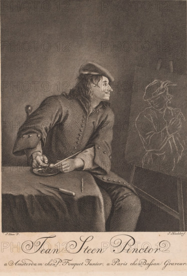 Jean Steen Pinctor, Portrait of Jan Havicksz. Stone, print, printmaker: Jean Heudelot, after painting by Jan Havicksz. Steen, publisher: Pierre Fouquet, Amsterdam, publisher: Pierre François Basan, Paris, 1750 - in or after 1768, Jan Havicksz. Stone, paper, engraving, etching, height 281 mm x width 198 mm, Person, historical persons, portrait, self-portrait of artist, easel, A seated man in period clothing faces right, wearing a beret-style hat and a long buttoned coat with wide cuffs; his hair is shoulder-length and wavy and he has a slight smile. He holds a thin rod or brush in one hand and rests the other near a small dish on a draped table, where a penlike tool lies beside the dish. To the right, an easel or panel shows a faint sketch of a figure wearing a hat, rendered in lighter lines. The scene is rendered in a monochrome engraving style with fine crosshatching and detailed textures on fabric, hair, and background.