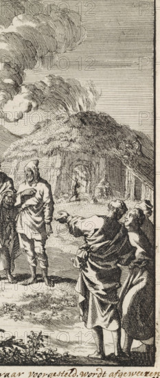 Alexander the charcoal burner proposed to the Congregation as a Teacher, is rejected, Saint Alexander Carbonarius is rejected by the early Christian congregation, print, Series number, 11, 93, H. Alexander Carbonarius is proposed to the early Christian congregation as the new bishop but is rejected by them because of his unkempt appearance. They point at him disapprovingly or turn away., caption: 'Alexander the charcoal burner proposed to the Congregation as a Teacher, is rejected', number: '11', printmaker: Jan Luyken, Amsterdam, 1700, paper, etching, proof, height 135 mm x width 159 mm, Proof of a book illustration for Arnold, Godfried. True representation of the first Christians. Amsterdam: Jacobus van Hardenberg, Barent Visscher and Jacobus van Nieuweveen, vol. 1., debate, discussion (, meeting) - AA - in the open air, the early Christian Churches, e.g. Armenians, Copts, Syrians, male saints (with NAME), A monochrome etched scene shows a rocky, cave-like hillside with layered stria...