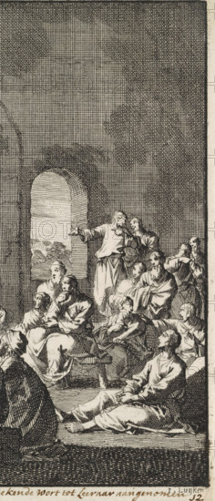Saint Alexander Carbonarius preaches to the early Christian congregation, Alexander the charcoal burner preaching to the Congregation in a clean robe is accepted as Teacher, print, Series number, 12, 93, H. Alexander Carbonarius preaches to the early Christian congregation. He is wearing a clean robe and has washed himself. The congregation accepts him as the new bishop., number: '12', caption: 'Alexander the charcoal burner preaching to the Congregation in a clean robe is accepted as Teacher', printmaker: Jan Luyken, Amsterdam, 1700, paper, etching, proof, height 134 mm x width 160 mm, Proof of a book illustration for Arnold, Godfried. True representation of the first Christians. Amsterdam: Jacobus van Hardenberg, Barent Visscher and Jacobus van Nieuweveen, vol. 1, preaching (in general), the early Christian Churches, e.g. Armenians, Copts, Syrians, male saints (with name), A vertical black and white etching showing a group of robed figures gathered inside a vaulted interior with a ro...