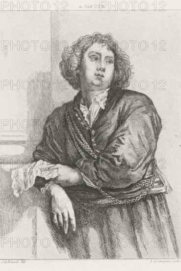 Portrait of Henricus Liberti, print, leaning against the wall, with sheet music in his hand., printmaker: Leopold Löwenstam, after drawing by Johannes Arnoldus Boland, after painting by Anthony van Dyck, 1852 - 1898, paper, etching, height 161 mm x width 120 mm, Person, Henricus Liberti, male sex, man, notation of music, A monochrome etching of a young person with curly hair wearing a dark, textured garment with decorative stitching and a chain draped across the torso, a ruffled collar visible at the neckline; the figure leans with an arm resting on a ledge and a hand draped over the edge while the other arm folds across the body, the face turned slightly to the side with a neutral expression and detailed shading around the eyes and cheeks, and background lines suggesting an architectural surface behind the figure.