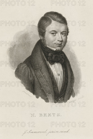 Portrait of Nicolaas Beets, N. Beets, print, Portrait bust facing right of Nicolaas Beets, poet and minister in Heemstede., printmaker: Johannes Philippus Lange, after design by Willem Grebner, publisher: Johannes Immerzeel, 1820 - 1841, paper, steel engraving, height 135 mm x width 105 mm, Person, Nicolaas Beets, A black and white engraved portrait of a man shown from the chest up, facing slightly to the viewer's left, with short wavy hair and sideburns, wearing a high-collared shirt and a dark cravat tied at the neck, beneath a patterned coat with wide lapels. The engraving shows fine stippling and crosshatching for shading, a textured background behind the figure, and additional decorative etching below the portrait.