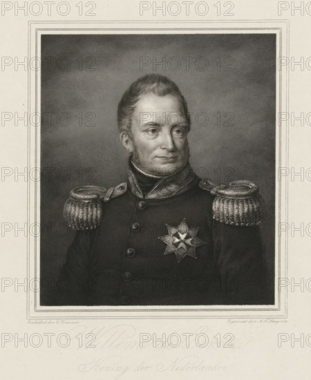 Portrait of William I Frederick, King of the Netherlands, William the First, print, Portrait bust of William I Frederick, bareheaded and clad in a uniform with a star of honor., printmaker: Johannes Philippus Lange, after painting by Cornelis Kruseman, 1835, paper, steel engraving, proof print, height 372 mm x width 280 mm, Person, William I of the Netherlands, A framed black and white engraved portrait of a man shown from the chest up wearing a dark military coat with prominent braided shoulder epaulettes and a high collar, the coat fastened with visible round buttons and decorated with a multi-pointed star badge on the left side; the man has short, neatly combed hair, sideburns, and a composed facial expression with eyes looking slightly to his right, and the background within the frame is textured with fine crosshatching while the surrounding mat is plain.