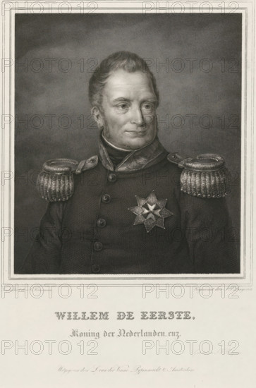 Portrait of William I Frederick, King of the Netherlands, William the First, etc., print, Portrait bust of William I Frederick, bareheaded and clad in a uniform with a star of honor., printmaker: Johannes Philippus Lange, after painting by Cornelis Kruseman, printer (person): JF Brugman, publisher: L. van der Vinne, Amsterdam, 1835, printer (person), paper, steel engraving, proof print, height 372 mm x width 280 mm, Person, William I of the Netherlands, A monochrome engraved portrait of a man shown from the chest up, turned slightly to his right. He has short, neatly combed hair and sideburns, and a composed facial expression. He wears a dark military coat with a high collar and decorative shoulder epaulettes, each with a textured, braided appearance. The coat has a row of round buttons down the front and a large, star-shaped medal pinned on the left side of his chest. The background is a finely textured, shaded field framed by a thin decorative border, and the lower portion of the ima...