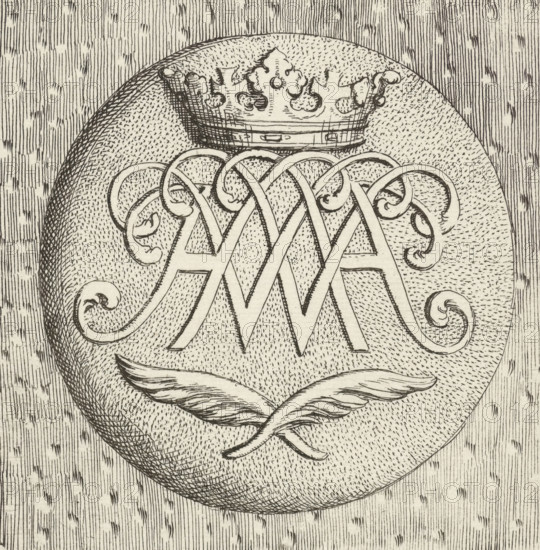 Monogram of William III, print, Monogram in a circle of William III, Prince of Orange-Nassau, King of England. With crown and two crossed palm branches., printmaker: Gerard de Lairesse, 1651 - 1711, paper, etching, height 95 mm x width 95 mm, letter combinations such as letterword, anagram, letter square, monogram, A detailed pen-and-ink drawing shows an oval medallion with fine stippling and crosshatching, topped by an ornamental crown with rounded points and decorative flourishes, and framed by swirling acanthus-like scrolls; below the scrollwork two stylized wings curve inward toward each other; the background surrounding the oval is filled with vertical woodgrain lines and scattered short hatch marks, and the entire image is rendered in monochrome ink on a textured paper.