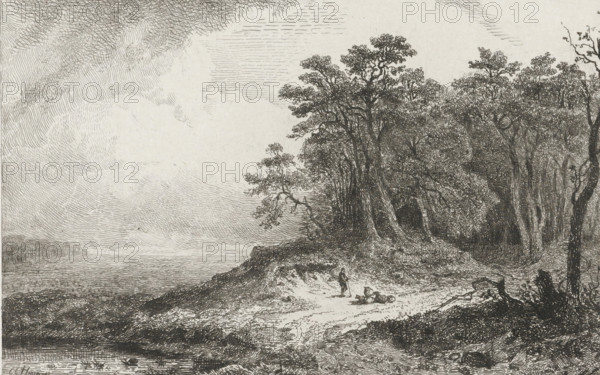 Landscape with shepherd, print, Wooded landscape with a shepherd with staff and sheep. A small lake on the left., printmaker: Constantinus Cornelis Huysmans, Breda, Paris, 1820 - 1886, paper, chine collé, etching, engraving, etching and engraving on chine collé, height 135 mm x width 176 mm, herding, herdsman, herdswoman, shepherd, shepherdess, cowherd, forest, wood, A monochrome etching shows a shoreline with water on the left and a wooded area on the right, rendered with fine lines and crosshatching; a sandy or dirt path runs from the foreground toward the trees, where a small standing figure faces a seated or reclining figure nearby; dense trees with textured trunks and leafy canopies occupy the right side, and sketched clouds and atmospheric line work fill the sky above the landscape.