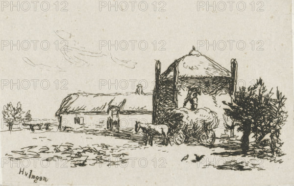 Farm with haystack, print, A farm with a haystack. In front of the haystack stand a horse and wagon with hay. On the wagon stands a man stacking the hay., printmaker: Henry van Ingen, The Hague, Poughkeepsie, 1844 - 1898, paper, chine collé, etching, etching on chine collé, proof print, height 46 mm x width 74 mm, farm or solitary house in landscape, hay-stack, A simple ink sketch on a light textured background showing a rural scene with a thatched-roof farmhouse and an adjacent taller barnlike structure with a conical roof detail, both rendered with loose, short strokes. In front of the taller building a horse stands beside a cart loaded with hay, and another smaller animal is nearby. Trees with dense, scribbled foliage appear at the right and a small cluster of trees sits at the left. Ground textures and short marks suggest grass and patches of earth across the foreground, and faint, wispy cloud lines are visible in the sky.