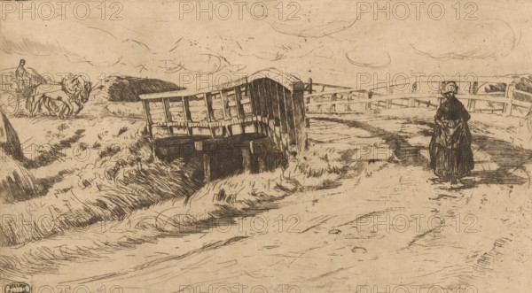 Country road with bridge, print, A wooden bridge in a landscape with haystacks. On the left, a hay wagon drawn by two horses. On the right, a walking farm woman., printmaker: Pieter Dupont, North Holland, 1895-01, paper, zinc etching, intaglio printmaking technique, height 156 mm x width 283 mm, hay-wagon, bridge, walking - AA - female human figure, A monochrome sketch of a rural scene showing a rough dirt path leading toward a small wooden bridge with a slatted railing, surrounded by textured grasses and low mounds; a figure in dark clothing stands on the right side of the path facing away, while a cart drawn by two animals and a seated driver appears on the left near the bridge; a low fence extends across the middle ground and faint, swirling clouds are sketched in the sky.
