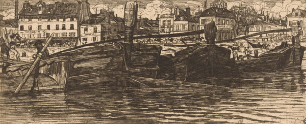 Barges in the Seine in Paris, print, Houses in the background. In front of the houses several horses, some of which are harnessed to a carriage., printmaker: Pieter Dupont, Paris, 1896, paper, zinc etching, intaglio printmaking technique, height 135 mm x width 328 mm, ships (in general), city-view, and landscape with man-made constructions, Seine, A sepia-toned etching showing several wooden boats in the foreground, their hulls and oars rendered with dense, parallel hatch marks, floating on textured water with horizontal lines. Behind the boats a riverside scene stretches across with multi-story buildings featuring pitched roofs, windows, chimneys, and awnings. Small figures stand or move along the waterfront and docks, and scaffolding-like posts rise near the boats. The sky above contains clouds drawn with curved, linear shading, and trees with scribbled foliage appear interspersed among the buildings. The overall image is composed of fine, dark line work on a light background.