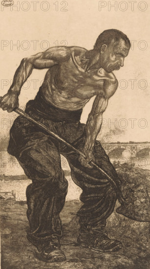 Homme de Peine (original title), L'Outillage (original series title on object), print, A dockworker with a shovel. The man has a bare torso. In the background a bridge over the Seine., workshop stamp: 'ATELIER P. DUPONT', printmaker: Pieter Dupont, Amsterdam, 1901, Pieter Dupont, printmaker, paper, etching, intaglio printmaking technique, height 318 mm x width 178 mm, working class, laborers, bridge in city across river, canal, partially clothed, Paris, Seine, A tall, muscular man shown from head to feet is leaning forward while gripping a long pole with both hands; he is shirtless, wearing loose trousers and sturdy shoes, with a belt or sash around his waist. His face is turned to the side, showing a mustache, short hair, and a stern expression, and his arms and torso display prominent muscles and detailed skin texture. The pole extends down toward a heavy, textured object near his feet that resembles a piled mass or bundle. In the background there is a body of water with small boats ...