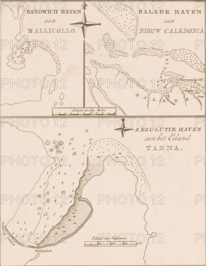 Map of the coasts of the islands of Malakula, New Caledonia, and Tanna, print, book illustration, map, Series number, 21, 51, Numbered top right: 21., publisher: Abraham Honkoop (II), Leiden, publisher: Johannes Allart, Amsterdam, publisher: Isaac van Cleef, The Hague, 1799 - 1800, printmaker, paper, etching, height 274 mm x width 216 mm, A faded sepia-toned map printed on paper shows coastal outlines, islands, and reef patterns with stippled and dotted textures indicating shallow areas and submerged features, punctuated by small numerical depth markers and clusters of tiny plus-shaped symbols. The map includes two ornate compass roses with north-pointing fleur-de-lis, a rectangular distance scale bar with segmented marks, and a thin horizontal border line separating the top and bottom map sections. The coastlines are drawn with irregular hand-drawn lines and shaded sandflats, small inland contours, and a few tiny islets and rocks depicted near the shores. The lower portion shows a lar...