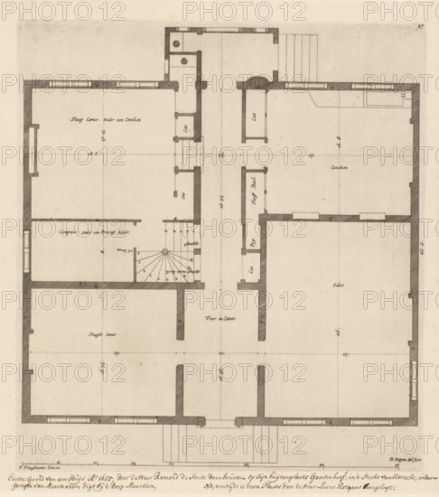 Floor plan of the ground floor of the Gansenhoef house in Maarssen, print, book illustration, Series number, 27, 48, Numbered top right: 27. Built in 1655., inscription: 'First Ground of a House Ao. 1655, built by Mr. Remond de Smit on his country estate Gansenhoef, in the Diocese of Utrecht, under the jurisdiction of Maerseveen, close to the village of Maerssen, NB formerly this place was laid out by Mr. Lucas Rotgans.', printmaker: Bastiaen Stopendael, Amsterdam, after design by Philips Vinckboons (II), 1715, paper, etching, paste, pasted on an album page, height 300 mm x width 271 mm, country-house, plan, architecture, Maarssen, A detailed architectural floor plan rendered on aged paper showing thick dark outlines for walls and thinner interior partition lines, with rooms of varying sizes separated by corridors and a central vertical axis; a spiral staircase with radiating steps and a circular core appears near the center, adjacent to narrow rectangular rooms and small enclosed spac...
