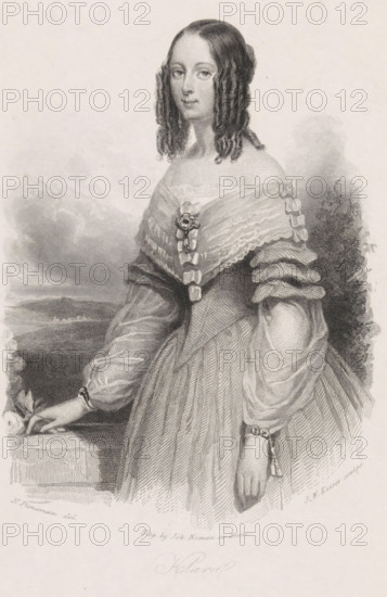 Portrait of Klara, print, half-length to the left, with curls. In the background a landscape and clouds., printmaker: Johann Wilhelm Kaiser (I), after drawing by Nicolaas Pieneman, publisher: Noman & Zoon, Johan, 1823 - 1900, paper, etching, roulette, engraving, roulette and engraving, height 210 mm x width 144 mm, adolescent, young woman, maiden, A monochrome engraved portrait of a woman shown from head to below the waist, standing and facing slightly toward the viewer. She has long, dark hair styled in ringlet curls that frame her face and are pulled back at the crown. Her expression is neutral and her gaze is directed forward. She wears an off-the-shoulder dress with a wide, textured collar decorated with a central ornamental brooch and rows of small bows along the collar edge. The bodice shows pleated and draped fabric leading into a voluminous skirt with vertical pleats. Her sleeves are puffed and layered with decorative bands, and she wears bracelets at her wrists; one hand rests...