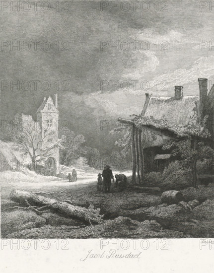 Dutch Masters, Winter landscape with tower, print, Series number, 18, 25, A winter landscape with three figures and part of a house in the foreground. In the background, two figures near a tower. The print is part of a series of 25 prints after Dutch Masters. Above the image: PL XVIII., printmaker: Johann Wilhelm Kaiser (I), after painting by Jacob Isaacksz van Ruisdael, 1823 - 1900, paper, chine collé, etching, height 0 mm x width 0 mm, landscape with tower or castle, A monochrome etching showing a rural scene with a dramatic sky filled with textured clouds above a landscape of trees, buildings, and a dirt road; on the left a tall stone tower with architectural detailing stands near leafless trees and a small archway while on the right a thatched-roof structure with visible roof support posts and chimneys projects overgrown vegetation; in the foreground a large fallen log and rough ground textures lead toward figures on the road, including an adult standing with two children and anoth...