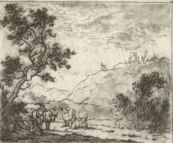 Landscape with shepherd and cows, print, Hilly landscape with a shepherd, leaning on a cow, in conversation with a seated shepherdess. Beside them two cows. In the background on a hill a tower. More edited than previous state., printmaker: Johannes Janson (possibly), printmaker: Johannes Christiaan Janson (possibly), printmaker: Pieter Janson (possibly), 1739 - 1851, inorganic material, paper, chalk, etching, etching and chalk in black, height 74 mm x width 89 mm, pastorals, Arcadian scenes, cow, A monochrome sketch showing a landscape with trees and foliage framing a central clearing, a large leaning tree with textured leaves on the left and smaller leafy bushes on the right, a distant ridge or hillline across the middle, and a partly cloudy sky with wispy cloud outlines; in the foreground there are simple outlines of a standing animal and a seated figure near it, all rendered in soft, stippled and linear charcoal-like marks.