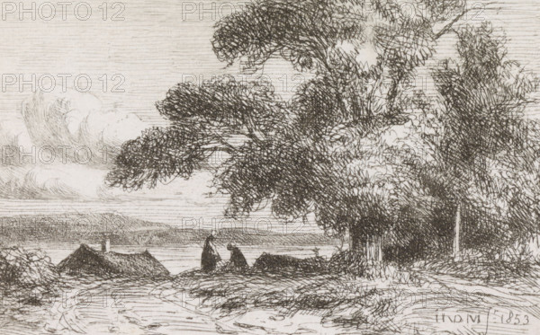 Figures on a country road, print, printmaker: Jacob Jan van der Maaten, The Hague, 1853, paper, chine collé, etching, etching on chine collé, proof print, height 58 mm x width 92 mm, trees, landscapes in the temperate zone (landscape with figures, staff), A detailed monochrome etching showing a landscape with large, densely hatched trees dominating the right side, their textured foliage and trunks rendered with overlapping lines; a sky with layered, wispy clouds occupies the upper left, while a distant shoreline and calm water stretch across the middle ground; clustered rooflines of small buildings sit near the water’s edge, and a winding, rutted path or field foreground leads toward the buildings, all depicted with fine crosshatching and varied line work.