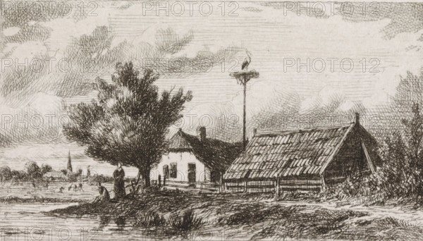 Stork's nest between houses on the waterside, print, A stork's nest between a barn and a house on the waterside. On the left in the foreground, a man and a woman under a tree., printmaker: Jacob Jan van der Maaten, Netherlands, 1830 - 1879, paper, chine collé, etching, etching on chine collé, proof print, height 51 mm x width 83 mm, farm or solitary house in landscape, water course (landscape with figures, staffage), shore-birds and wading-birds: stork (nest, den, burrow), A detailed black and white etching shows a riverside scene with a cluster of buildings and a tree near the water's edge. A thatched house with a chimney and small windows sits beside a larger structure with a sloped, tiled roof and open side, both fenced along the front. A tall pole rises above the buildings with a platform at its top where a bird stands. In front of the buildings a large leafy tree extends its branches, and near the shoreline two human figures are visible, one standing and one seated, with another s...