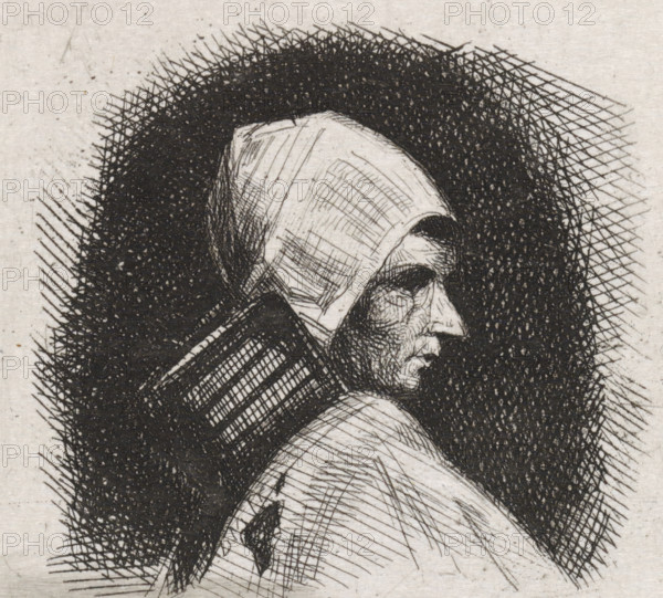 Bust of a woman facing right, print, name: 'JJ cvan der Maaten', printmaker: Jacob Jan van der Maaten, Netherlands, 1830 - 1879, paper, chine collé, etching, etching on chine collé, height 52 mm x width 65 mm, A close-up black and white line drawing of a person in profile wearing a head covering and robe, rendered with dense crosshatching and stippling that form a dark halo around the head, showing facial contours, an eye socket, a prominent nose and a furrowed cheek, with textured lines indicating folds in the cloth and clothing and a textured paper background.