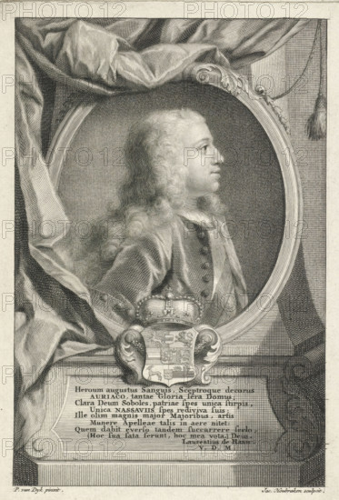 Portrait of William IV, Prince of Orange-Nassau, print, printmaker: Jacob Houbraken, Amsterdam, after painting by Philip van Dijk, writer (clerical worker): Laurens de Haan, c. 1721 - c. 1731, writer (clerical worker), paper, engraving, etching, engraving and etching, height 169 mm x width 117 mm, Person, William IV (Prince of Orange-Nassau), A monochrome engraved portrait shows a profile view of a person with long curly hair framed within an oval border. Drapery folds surround the top and left of the oval, and a decorative tassel hangs to the right. The person wears a buttoned coat with a sash across the chest. Below the oval is a crowned coat of arms with ornate scrollwork, mounted above a rectangular panel that contains several lines of printed text. The composition is rendered with fine crosshatching and line work throughout.