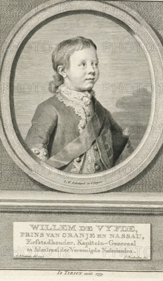 Portrait of William V, Prince of Orange-Nassau, print, printmaker: Jacob Houbraken, Amsterdam, after drawing by Jean-Etienne Liotard, after drawing by Aert Schouman, publisher: Isaak Tirion, 1759, paper, engraving, etching, engraving and etching, height 185 mm x width 118 mm, Print also used in: Jan Wagenaar, Vaderlandsche historie, containing the histories of the now United Netherlands, in particular that of Holland, 21 parts. Amsterdam, 1749-59., Person, William V (Prince of Orange-Nassau), An engraved oval portrait of a young figure shown from the chest up, wearing a decorated coat with lace at the collar and cuffs and a sash draped across the torso, set within a thick oval frame against a lined background, with a rectangular panel beneath the frame containing large engraved lettering and smaller text below it.