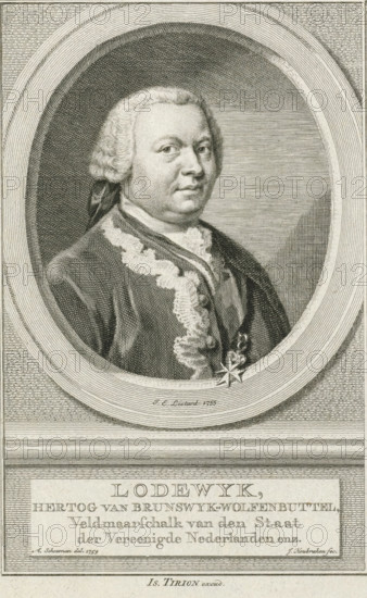 Portrait of Louis Ernest, Duke of Brunswick-Wolfenbüttel, Louis, print, Bust facing right of Louis Ernest, Duke of Brunswick-Wolfenbüttel in an oval. The portrait rests on a plinth on which his name and details are written in four lines in Dutch., printmaker: Jacob Houbraken, Amsterdam, after painting by Jean-Etienne Liotard, after drawing by Aert Schouman, publisher: Isaak Tirion, 1759, paper, engraving, etching, engraving and etching, height 184 mm x width 118 mm, Print also used in: Jan Wagenaar, Vaderlandsche historie, containing the histories of the now United Netherlands, in particular that of Holland, 21 parts. Amsterdam, 1749-59., Person, Ludwig Ernst von Braunschweig-Wolfenbüttel, A detailed engraved portrait of a man shown from the chest upward within an oval frame, wearing a curled powdered wig tied at the back and a dark coat with a decorative lace collar and a cross-shaped medal pinned near the chest; the man looks slightly to his right with a calm expression and rounded f...
