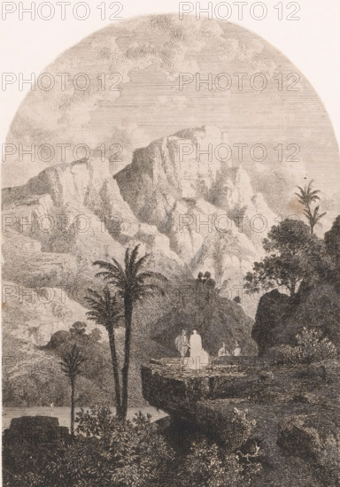 Mountain landscape with resting figures on a rock, print, printmaker: Guillaume Van der Hecht, 1827 - 1879, paper, pencil, etching, intaglio printmaking technique, etching with plate tone, worked with pencil, height 236 mm x width 169 mm, mountains (landscape with figures, staffage), A monochrome landscape engraving showing a rocky mountain range with steep cliffs and textured striations under a sky filled with lined shading and swirling cloud forms, foreground vegetation including tall slender palm trees and dense leafy shrubs, a large flat rock platform jutting outward near the middle with two human figures standing on it and additional small seated figures nearby, a path or waterway winding below the platform, and varied rocky outcrops and trees framing the scene on either side.