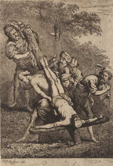 Crucifixion of Peter, S. Petrus martyr, print, printmaker: Jean Théodore Joseph Linnig, after drawing by Peter Paul Rubens, 1884, paper, etching, intaglio printmaking technique, etching with plate tone, height 276 mm x width 183 mm, Peter crucified upside down, A monochrome engraving shows several clothed men handling a large wooden cross while a nearly nude man lies across it with his arms outstretched and feet elevated, his head hanging downward. One man at the left steadies the cross with both hands, wearing a loose garment and a cap with a rounded top. Another man near the center grasps the cross and holds a pole topped with a broad axe-like blade, his clothing folded around his head and shoulders. A pair of men to the right pull and push, one wearing a brimmed hat with a feather and the other with a turban-like head covering; their faces show effort. The scene is set against a background of densely hatched foliage and a textured ground, with shading and crosshatching throughout th...