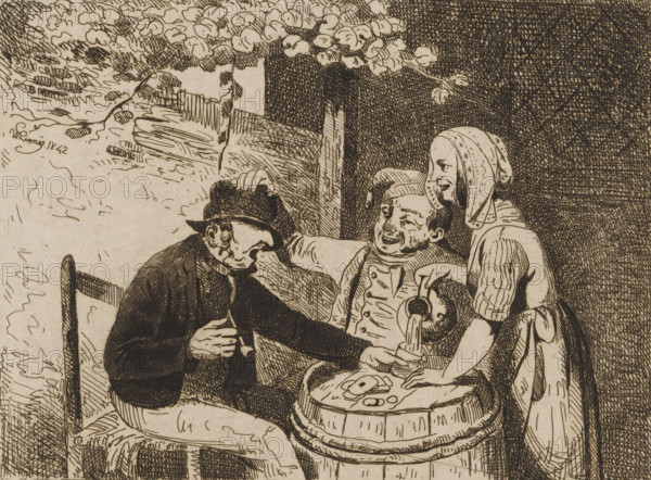 Woman pouring a glass for two men playing cards, print, printmaker: Willem Linnig (I), 1842, paper, etching, drypoint, intaglio printmaking technique, etching and drypoint with plate tone, height 135 mm x width 193 mm, playing-cards, beer, ale, A monochrome line drawing shows three people seated around a wooden barrel used as a table beneath a tree with clustered leaves; an older man wearing a hat leans forward with one hand on his knee while a second man with a cap and a double-breasted coat sits back smiling, and a woman in a headscarf and apron stands beside them pouring liquid from a jug into a cup on the barrel, with a small plate and round objects on the barrel surface and textured cross-hatched shading filling the background.