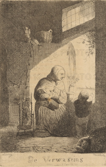 Mother feeding her baby, De Verwachtting, print, printmaker: Willem Linnig (I), publisher: P. van Bouwel (possibly), Antwerp, 1842, paper, etching, intaglio printmaking technique, etching with plate tone, height 159 mm x width 107 mm, A pen-and-ink interior scene rendered in crosshatch shows a woman seated near an open window holding an infant, a small child standing beside her pointing outward, and a spinning wheel with a distaff positioned nearby; light falls through the window onto the figures, a potted plant sits on the windowsill, a jug rests on a high shelf, and a wooden beam frames the opening while a small overturned bucket lies on the floor.