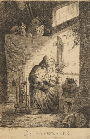 Mother feeding her baby, print, printmaker: Willem Linnig (I), publisher: P. van Bouwel (possibly), Antwerp, 1842, paper, etching, intaglio printmaking technique, etching with plate tone, height 159 mm x width 107 mm, An interior scene rendered in fine crosshatch ink shows a seated woman wearing a headscarf and layered clothing holding a swaddled infant close to her chest while looking toward a child who stands at an open window with arms raised toward the outside; a potted plant sits on the windowsill beside the child and a wooden spinning wheel and stool occupy the floor near the woman, while baskets, folded cloths, and a jug sit on a shelf above and a small bell or helmet rests on the floor in the foreground.