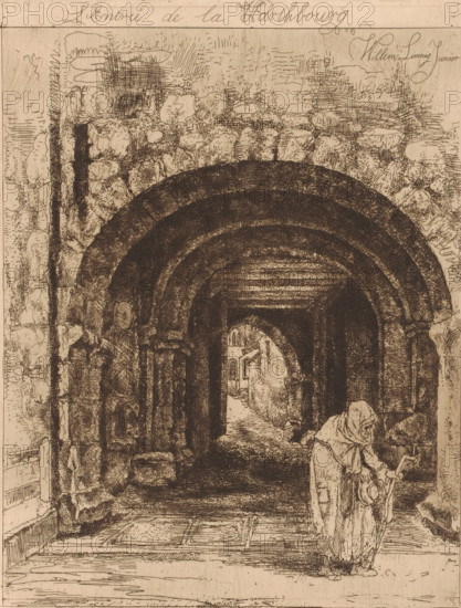 Entrance gate of the Wartburg in Eisenach, L'entrée de la Warthbourg, print, printmaker: Willem Linnig (II), 1880 - 1890, Willem Linnig (II), printmaker, paper, etching, drypoint, intaglio printmaking technique, height 288 mm x width 217 mm, old woman, city-gate, Thuringia, Wartburg, Eisenach, A detailed sepia-toned etching showing a stone archway with multiple concentric rounded arches receding into a dark passage, textured stone walls surrounding the arch, and a tiled floor in the foreground; a robed figure stands near the right side holding an object, with the figure's hooded garment and folds rendered in fine lines; behind the arches a distant street or buildings are faintly visible through the passage; the image is filled with cross-hatched shading and intricate stone and masonry detail.