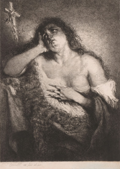 Penitent Mary Magdalene, print, printmaker: Frédérique Émile Auguste O'Connell-Miethe, after design by Frédérique Émile Auguste O'Connell-Miethe, 1833 - 1885, Frédérique Émile Auguste O'Connell-Miethe, printmaker, paper, etching, intaglio printmaking technique, height 259 mm x width 186 mm, the penitent harlot Mary Magdalene, possible attributes: book (or scroll), crown, crown of thorns, crucifix, jar of ointment, mirror, musical instrument, palm-branch, rosary, scourge - portrait of female saint, A monochrome etching of a woman shown from the waist up, with long curly hair cascading over her shoulder and chest, her head tilted back and resting against one hand while her other hand touches her chest; she wears a loose garment slipping off one shoulder, revealing part of her bust, and a textured shawl or cloak covers her lower body; the background is densely crosshatched, and a wooden cross with a vine or cloth draped on it appears near the upper left.