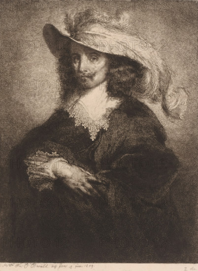 Nobleman from the time of Louis Frédérique Émile Auguste O'Connell-Miethe, paper, etching, drypoint, intaglio printmaking technique, etching and drypoint with plate tone, height 261 mm x width 196 mm, anonymous historical person portrayed alone, A sepia-toned etching of a person shown from the waist up wearing a wide-brimmed hat adorned with large, curling feathers, with long curly hair visible beneath the hat; the face shows a mustache and a slight beard and the gaze is directed toward the viewer; the figure wears a dark coat with a white lace collar and the hands are clasped, one resting on the other over the torso; the background is textured with fine cross-hatching.