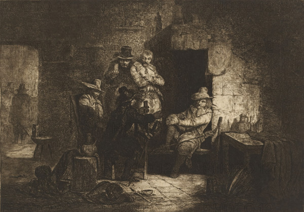 Company of five drinking soldiers by a hearth, print, printmaker: Guillaume Joseph Vertommen, 1850, paper, chine collé, etching, intaglio printmaking technique, height 220 mm x width 298 mm, drinking, the soldier, the soldier's life, burning as process, A dimly lit interior scene rendered in dark etching tones shows several figures gathered around a table and chairs; one seated man leans back with legs extended and wears a broad-brimmed hat and layered clothing, another sits facing him with a hat shadowing his face, and a standing figure in lighter clothing and a hat crosses his arms while another standing person beside him holds a small cylindrical object. The room features a stone wall with a recessed dark doorway, a carved relief mounted on the wall, a table cluttered with bottles and a pitcher, and a stool with a goblet on it. On the floor there are scattered objects including a fallen hat and a shallow dish, and in the background two cloaked figures move through an arched doorway ...