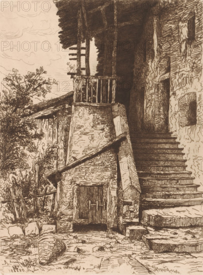 Chalet with stairs, print, printmaker: Maria van Hohenzollern-Sigmaringen (Countess of Flanders), 1880, paper, etching, retroussage, intaglio printmaking technique, height 277 mm x width 210 mm, rural housing, eg country-house, villa, cottage, Merano, A sepia-toned sketch shows an old stone building with a steep exterior staircase leading up beside a textured wall punctuated by arched openings. A wooden balcony with vertical rail slats projects from the upper level beneath an overhanging roof supported by beams. A smaller roof slopes over a lower doorway with a wooden door framed by rough masonry. Vegetation with leafy branches grows beside the building and around the base, where scattered stones and a large, rounded vessel lie on the ground. The scene includes rough cobblestones and wooden planks near the stair base, and the sky above is lightly sketched with cloud shapes.