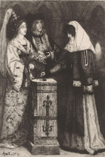 Widow gives a gift, print, printmaker: Albrecht de Vriendt, printer (person): Joseph Bouwens, Brussels, 1871, printer (person), paper, etching, roulette, intaglio printmaking technique, height 294 mm x width 203 mm, Print published in: Album du journal des Beaux-Arts, dix eaux-fortes inédites. Brussels: Decq et al., 1871. On the front page of the publication titled: The Widow's Penny., offertory-box, offertory-bag, widow, Three robed figures stand around a tall carved wooden box; on the left a woman in an ornate patterned gown and fur-trimmed cloak wears a decorative headdress with a long flowing veil, her hands resting near the box; next to her a man in a dark hat and richly textured clothing leans slightly forward, his gaze toward the center; on the right a hooded figure in a heavy dark robe with a light-colored head covering leans over the box with one hand extended above its slot; the box features vertical wood grain and a carved fleur-de-lis motif with ornamental bands, and the ba...