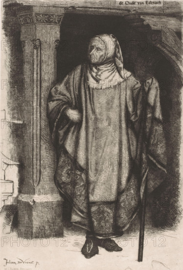 Old man with hooded cloak and walking stick, The Elder of Eisenach, print, printmaker: Juliaan de Vriendt, printer (person): Joseph Bouwens, Brussels, 1871, printer (person), paper, etching, intaglio printmaking technique, retroussage, height 295 mm x width 206 mm, This print appeared in: Album du journal des Beaux-Arts, dix eaux-fortes inédites. Brussels: Decq et al., 1871., old man, walking-stick, staff, Thuringia, Eisenach, An aged person stands in a carved stone doorway wearing a long, heavy robe with patterned trim and a hood pulled over their head, one arm bent with a hand tucked into the robe and the other holding a long staff; the face shows deep lines and a serious expression, and the feet are shod in simple shoes with crossed legs; the surrounding stonework includes a column with carved details and a dark archway behind the figure, while folds and textures of the fabric and the etched surface of the stone are rendered with fine, linear strokes.