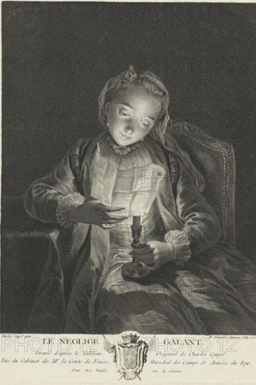 Girl reading a letter by candlelight, Le negligee galant, print, Below the scene the title and a coat of arms., printmaker: Manuel Salvador Carmona, Spain, after painting by Charles-Antoine Coypel, publisher: Denis-Charles Buldet, Paris, 1760, paper, etching, engraving, height 288 mm x width 206 mm, candle, letter, envelope, A grayscale engraved image of a seated young woman holding a lit candle and a folded sheet of paper, her face illuminated by the candlelight. She wears a dress with ruffled cuffs and a high neckline adorned with a decorative necklace, and a jeweled hair ornament is visible in her styled hair. Her head is slightly tilted as she looks down at the paper, and one hand steadies the candleholder while the other holds the paper near the flame. The chair behind her has a carved or upholstered back, and folds and textures of her clothing are rendered with fine crosshatching and shading. The background is dark and uniformly textured, creating contrast with the illuminated fi...