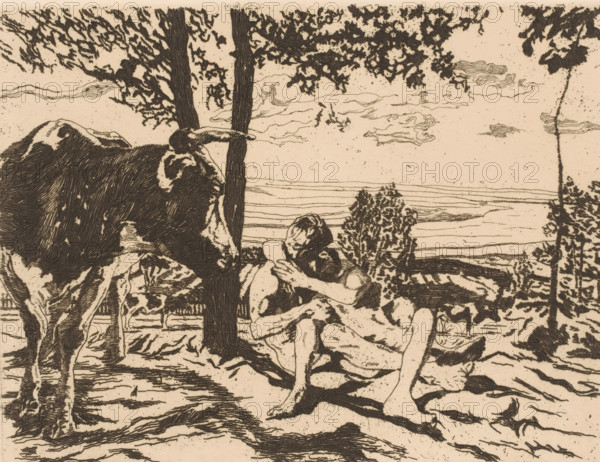 Nude couple under a tree viewed by a cow, print, printmaker: Adolf Eduard Herstein (signed by artist), 1879 - 1932, paper, etching, drypoint, intaglio printmaking technique, height 181 mm x width 244 mm, cow, (lovers) embracing each other, 'symplegma', A detailed monochrome line drawing shows a pastoral scene with a large cow standing beneath a tree and two seated figures leaning against the tree trunk, one figure cradling the other's head. The tree has a textured trunk and a leafy canopy stretching across the top of the image. In the background a body of water with horizontal ripples extends toward the horizon under a sky with wispy cloud forms. Vegetation and shrubs appear near the shoreline and around the seated figures, and ground textures with shadowed areas fill the foreground.