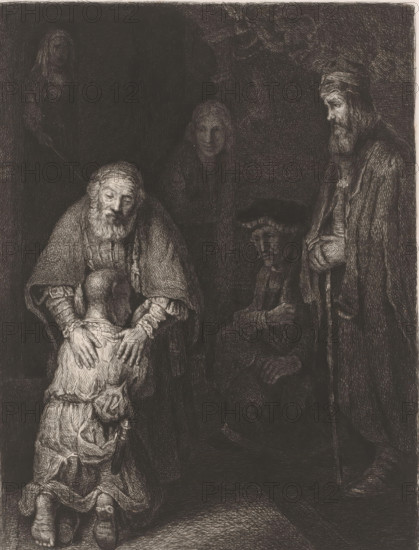 Return of the Prodigal Son, print, printmaker: attributed to Nikolay Semyonovich Mosolov, after painting by Rembrandt van Rijn, 1857 - 1914, Attributed to, paper, chine collé, etching, drypoint, intaglio printmaking technique, height 275 mm x width 199 mm, the prodigal son returns home, where his father awaits him, A dark, finely crosshatched scene shows a bearded older man leaning forward with his hands resting on the shoulders of a kneeling child whose back, ragged clothing, and bare feet are visible; to the right, a standing man with a beard and a cloak holds a staff and looks downward, while a seated figure with a hat sits in shadow near him; faint faces emerge from the dark background, including one behind the central figures and another higher left, and the entire image is rendered in dense, textured lines with strong contrasts between lighted figures and deep shadow.