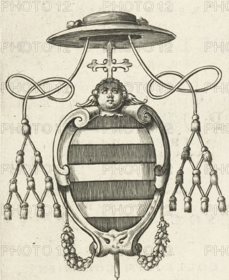 Coat of arms of Cardinal Petrus Aloysius Carafa, print, book illustration, Coat of arms of Cardinal Petrus Aloysius Carafa in the service of the College of the Diocese of Cologne. On verso a text in letterpress glorifying the cardinal., printmaker: Cornelis van Dalen (I), Amsterdam, printer (person): Lowijs Elzevier (III), publisher: Jost Kalckhoven, Cologne, 1645 - 1646, printer (person), North Rhine-Westphalia, paper, engraving, height 95 mm x width 64 mm, Leaf from: Jacobus Balde, Lyricorum libri IV, Cologne 1645 or 1646, insignia of cardinal, e.g. hat, mantle, A detailed black ink drawing on a light textured background showing an ornate shield with horizontal bands framed by a scrolling cartouche, topped by a small cherubic head with stylized hair and wings at the sides, above which a decorative cross rises to support a wide-brimmed hat with looped cords extending outward and ending in grouped tassels, with symmetrical braided tassel strands hanging down each side and beaded garlan...