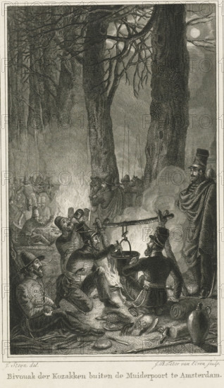 Cossack bivouac outside the Muiderpoort in Amsterdam, Soldiers during a meal, print, Series number, 4, Between tall trees and by the light of the full moon, soldiers are eating around campfires. In the foreground, a man stirs a pot in the vicinity of hunted game, bread, and drink., printmaker: Jan Baptist Tetar van Elven, Netherlands, after drawing by Johannes Steyn, Amsterdam, 1815 - 1889, paper, engraving, etching, engraving and etching, height 237 mm x width 151 mm, height 139 mm x width 83 mm, military service (during the battle), A detailed black and white engraving shows a nighttime forest scene with large bare trees and a bright moon behind branches; in the foreground a group of soldiers in uniform sit and kneel around a campfire with a pot suspended over the flames, one stirring and others holding cups and kettles, while equipment and containers lie on the ground nearby; to the right a cloaked figure stands watching, and more soldiers and figures cluster and recline further bac...