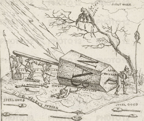 Napoleon crushed under a hexagonal block, Caricatures of the defeats of the French in 1813, cartoon, print, historical print, On a carpet with the map of Europe, Napoleon lies crushed under a hexagonal block with the letters: NAB. The French eagle is heavily battered by the bad weather. The French soldiers try to take shelter from lightning being carried off them. Reference to the defeats of the French troops at Moscow and Leipzig., printmaker: Hermanus Fock, Amsterdam, 1813, paper, etching, height 88 mm x width 102 mm, Battle of Leipzig, Period, A detailed pen-and-ink scene shows a large tilted geometric block on a sled, with people around it pulling ropes and using poles; one person lies face down on the ground near the sled while another kneels and handles a tool; an eagle-like bird perches on a bare branching tree above, and slanted lines across the sky suggest heavy streaks; a figure in the foreground stands holding a tall pole beside more leafless branches; scattered small object...