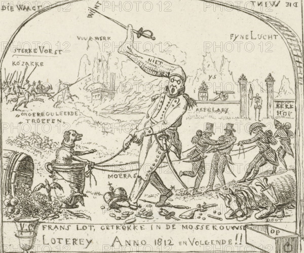 Napoleon pulls a dog in a goblet through the swamp, Caricatures of the defeats of the French in 1813, cartoon, print, historical print, Napoleon, with a sock on his head, pulls a dog sitting in a goblet through the swamp. French soldiers help him. In the background the French troops being defeated by the Cossacks, the fireworks, and a cemetery portal with a skeleton of a French soldier. Below the text: French lot, drawn in the Muscovite Lottery anno 1812 and following!, printmaker: Hermanus Fock, Amsterdam, 1813, paper, etching, height 87 mm x width 103 mm, Person, Napoleon I (Emperor of the French), Russian Campaign, Period, 1812, A detailed black and white line drawing shows a central figure in a coat and breeches walking while holding reins attached to a small tub containing a seated dog; the figure wears a long pointed hat with a sword at its tip and has a surprised facial expression with round glasses. To the right, several men in top hats and coats are pulling on the reins, while...