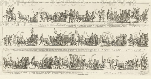 Procession of the Veniam Pro Laude Society, print, Solemn procession of the Veniam Pro Laude Society. Three numbered rows on one sheet. The figures in the procession are provided with further explanation below each row., printmaker: Simon Fokke, Amsterdam, after drawing by, after design by Johannes le Francq van Berkhey, publisher: Hendrik Coster, Leiden, 1776, paper, etching, height 202 mm x width 412 mm, periodic celebrations, popular feasts, Period, 1776-01-24, A wide, horizontal engraving divided into three stacked friezes filled with procession scenes, each frieze showing a continuous line of figures, horses, sledges, riders, and walkers in period dress; the top band features mounted soldiers and attendants carrying torches and lances, elaborately dressed riders, ornamental sledges pulled by horses, and groups of men in helmets and capes; the middle band shows banners and flags, musicians blowing horns, horse-drawn sledges with seated figures and standing attendants, armed men wit...